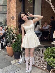 Skyraze White Pearl Sweetheart Neck Fitted Mini Dress Graduation Ceremony Summer Elegant - Apricot - View 7