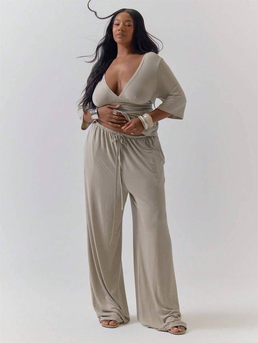 MUSERA Graue Baumwoll-Hose mit Kordelzug in Große Größen für Damen, locker geschnitten, lässig, Korsett-Stil, für Party, Lounge, Zuhause und Winter, Damen-Hose für den Herbst - Kamelfarben - Übersicht 1