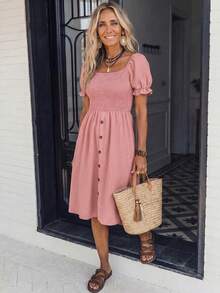 LanaWest Women's Denim Effect Puff Sleeve A-Line Dress - Pink - View 6