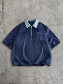 AXEPEAK 男士拉鍊半開襟刺繡條紋 Polo 衫 - 藍色 - 查看 2