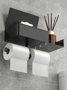 1 Minimalist Black Wall-Mounted Toilet Paper Holder, Stainless Steel Multi-Functional Phone Stand, Suitable For Bathroom And Autumn Decor - Black - View 6