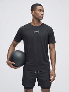 Nelvento Soul Men's Barbell Print Short Sleeve T-Shirt And Drawstring Waist Shorts Sports Suit, Gym - Black - View 5