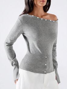 LYSMO Autumn Casual Button Decor Asymmetric Collar Sweater - Grey - View 7
