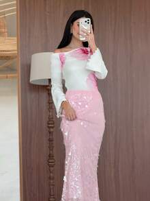Yasmeen Edit Yasmeen Edit Rok Elegan Wanita Warna Polos Berpayet Model Duyung dengan Hem Warna Pink untuk Musim Panas - Berwarna merah muda - View 4