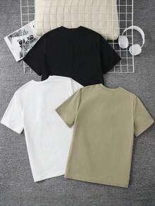 SHEIN 青少年男孩 3件組休閒字母印花寬鬆圓領T恤，黑色夏季街頭風海灘返校穿搭，日常舒適校園運動款 - 彩色 - 查看 2