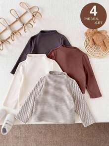 LMoss Kids Baby Girl 4pcs Knitted Solid Color Striped Stand Collar Fitted Casual Winter Top Set - Multicolor - View 2