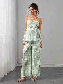 SHEIN Maternity Plaid Suspender Pants 2 Pieces Set - Green - View 5