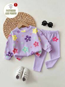 SHEIN 女嬰簡單休閒秋冬紫色花卉仿刺繡印花圓領抓絨衛衣套裝，韓風親膚柔軟小花設計搭配彈性修身內搭褲，2件套適合居家、上學、外出、聚會、日常穿著，秋冬休閒熱銷童裝 - 彩色 - 查看 2