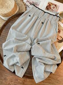 GlowEve CURVE Plus Size Striped Bowknot Casual High Waist Slimming Straight Leg Pants, Summer Outfits For Going Out And Office Commute Bottoms Fall - Black and White - View 2