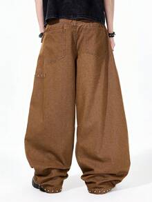ROMWE MEN Street Life Men's Casual Fashion Street Style Distressed Patch Rivet Decor Loose Straight Leg Jeans - Brown - View 3
