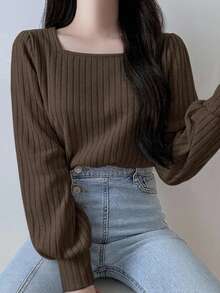 DAZY Women's Solid Color Square Neck Fitted Lantern Sleeve Long Sleeve T-Shirt, Spring/Summer/Autumn Cute Tops - Coffee Brown - View 5