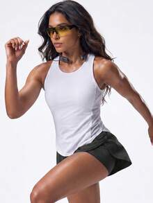 Solea Cove Women's Sleeveless Sports Yoga Outdoor Vest, Mesh Panel On Sides And Y-Back Design, Curved Hem - White - View 1