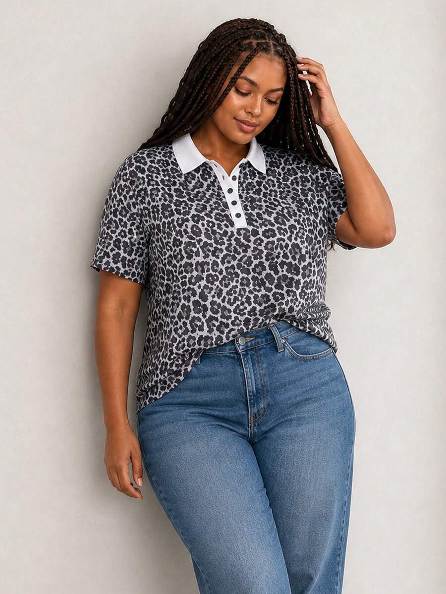 ELLERISSA Curve Elegant Leopard Printed Oversized Tee With Polo Shirt Detail For Women,Pink And Grey,Summer,Smart Casual,Everyday Plus Size Tops - Multicolor - View 1