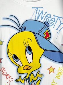 LOONEY TUNES X SHEIN 大尺碼女款字母卡通印花波點休閒日常T恤 - 白色 - 查看 4
