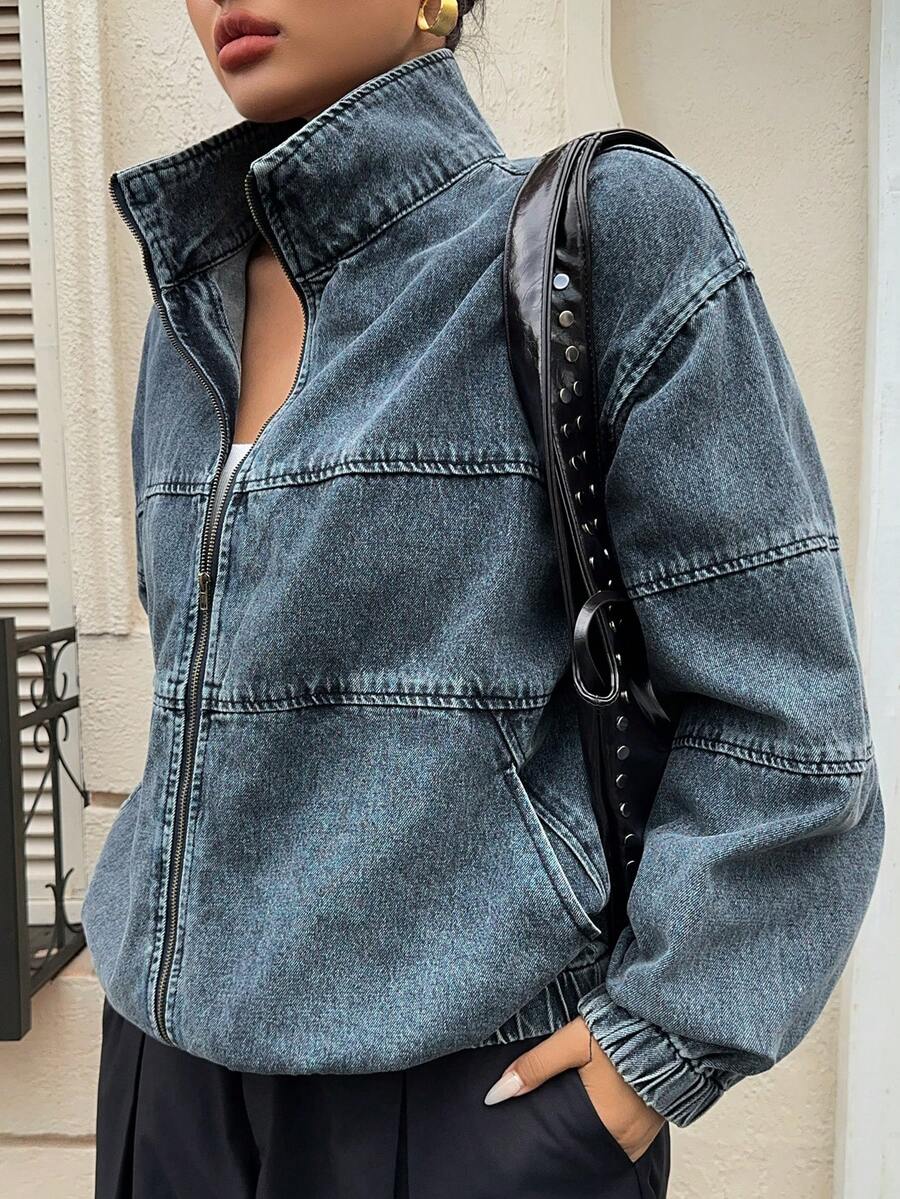 Dazy Plus Áo khoác denim nữ size lớn phong cách đường phố, màu xanh đậm giặt kiểu vintage, dáng rộng, cổ mở, tay dài, có khóa kéo phía trước - Rửa tối - Xem 1