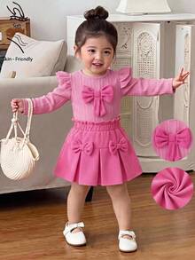 SHEIN Playful Pals 嬰兒女童白色針織紋理布料短袖長袖上衣與粉色燈芯絨裙 T-shirt 兩件套，甜美可愛兒童套裝 - 粉色 - 查看 1