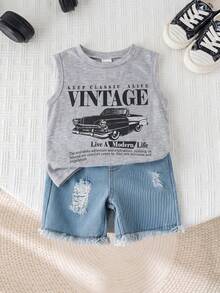 SHEIN 2pcs Baby Boy Summer Casual Street Chic Car Graphic Tank Top And Denim Shorts Set - Multicolor - View 1