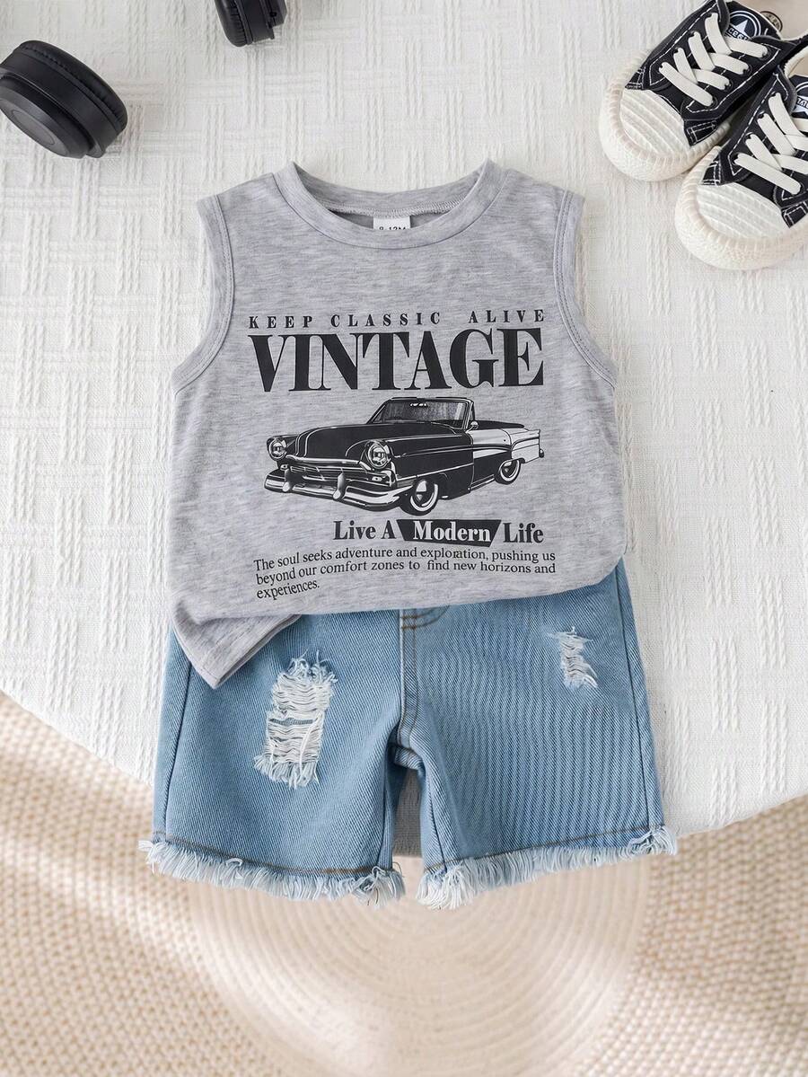 SHEIN 2pcs Baby Boy Summer Casual Street Chic Car Graphic Tank Top And Denim Shorts Set - Multicolor - View 1