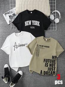 SHEIN 青少年男孩 3件組休閒字母印花寬鬆圓領T恤，黑色夏季街頭風海灘返校穿搭，日常舒適校園運動款 - 彩色 - 查看 3