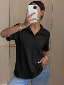Livesso 女士宽松商务休闲优雅短袖Polo衫，适合春夏秋季穿着，办公/通勤皆宜。 - 黑色 - 查看 2