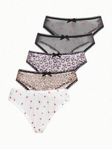5 件女士加大码纯色舒适丁字裤，豹纹、草莓、心形、蝴蝶结 - 彩色 - 查看 2