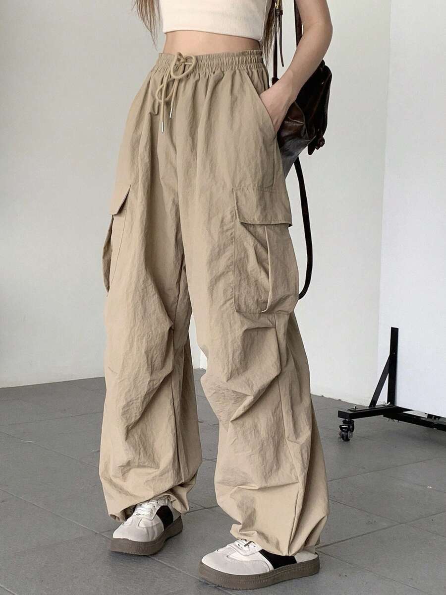 DAZY Women's Solid Color Drawstring Waist Wide-leg Pants - Khaki - View 1
