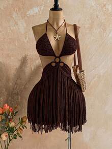 Soleia Women's Solid Color Tassel Crochet Sexy Boho Date Beach Knit Halter Dress Dark Brown Autumn - Coffee Brown - View 3