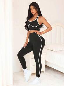 SHEIN Sports 女款拼色飾邊露背掛脖上衣與緊身褲運動套裝 - 黑與白 - 查看 4