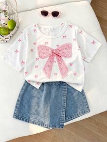 SHEIN Playful Pals 返校季女童休閒可愛圓領標準肩蝴蝶結印花T恤與素色牛仔裙褲套裝，適合夏季、日常外出、居家及聚會 - 白色 - 查看 10
