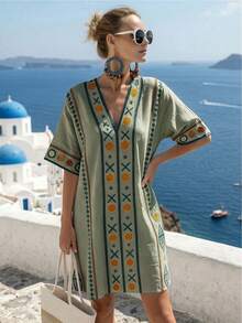 Isle Nomé Gaun Liburan Pantai Musim Panas Wanita - Olive Green - View 4