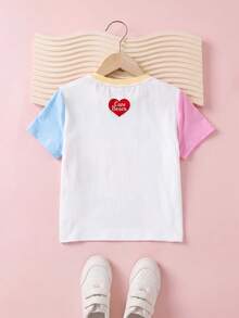 SHEIN X Care Bears 少女卡通印花拼色圓領短袖T恤 - 彩色 - 查看 2