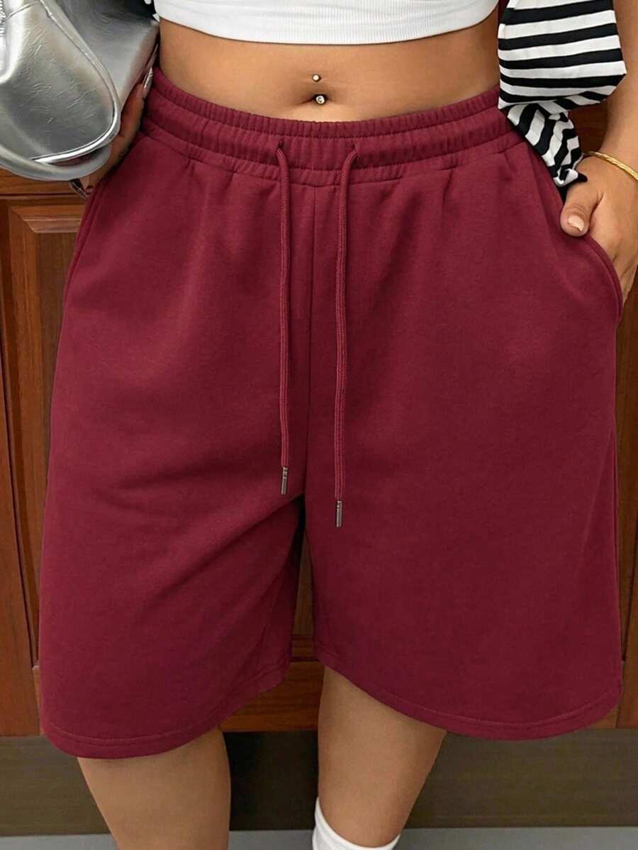 Dazy Plus Elastic Waist Loose Bermuda Shorts Sports CasualBermuda Shorts Plus Size Women Spring Summer Sweat Shorts - Burgundy - View 1