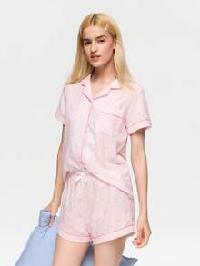 Bonmuse Polka Dot Bow Print Women Bubble Crinkle Short Sleeve Shorts Pajama Set - Pink - View 10