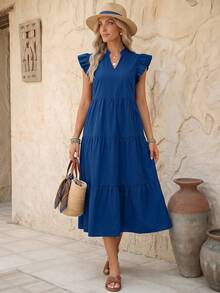 EMERY ROSE Notched Neckline Ruffle Trim Smock Dress Maxi Vacation Beach Outfits Women - Royal Blue - View 3