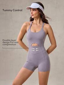 OutZeal Tuta sportiva intera da donna per palestra, allenamento e yoga, traspirante, con reggiseno integrato e nodo sulla schiena - Viola chiaro - Visualizzare 2