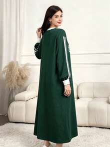 Mulvari Women's Casual Slogan Graphic Print Dark Green Long Dress, Fall Fashion Round Neck Striped Raglan Long Sleeve Sweatshirt Dress For Homewear - Green - View 2