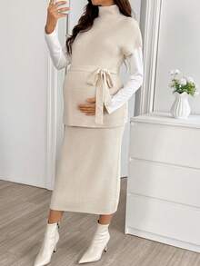 SHEIN Maternity Solid Color Stand Collar Knotted Waist Knit Top And Adjustable Waist Knit Skirt Set Winter - Apricot - View 5