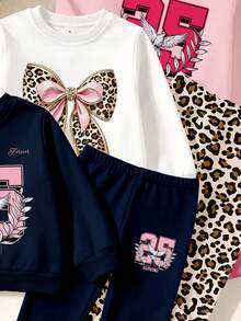 SHEIN 買3送1，少女極簡休閒數字與字母印花圓領衛衣搭配印花內搭褲套裝，以及豹紋蝴蝶結圓領衛衣搭配豹紋內搭褲套裝，適合秋冬日常穿著，3款可選 - 彩色 - 查看 5