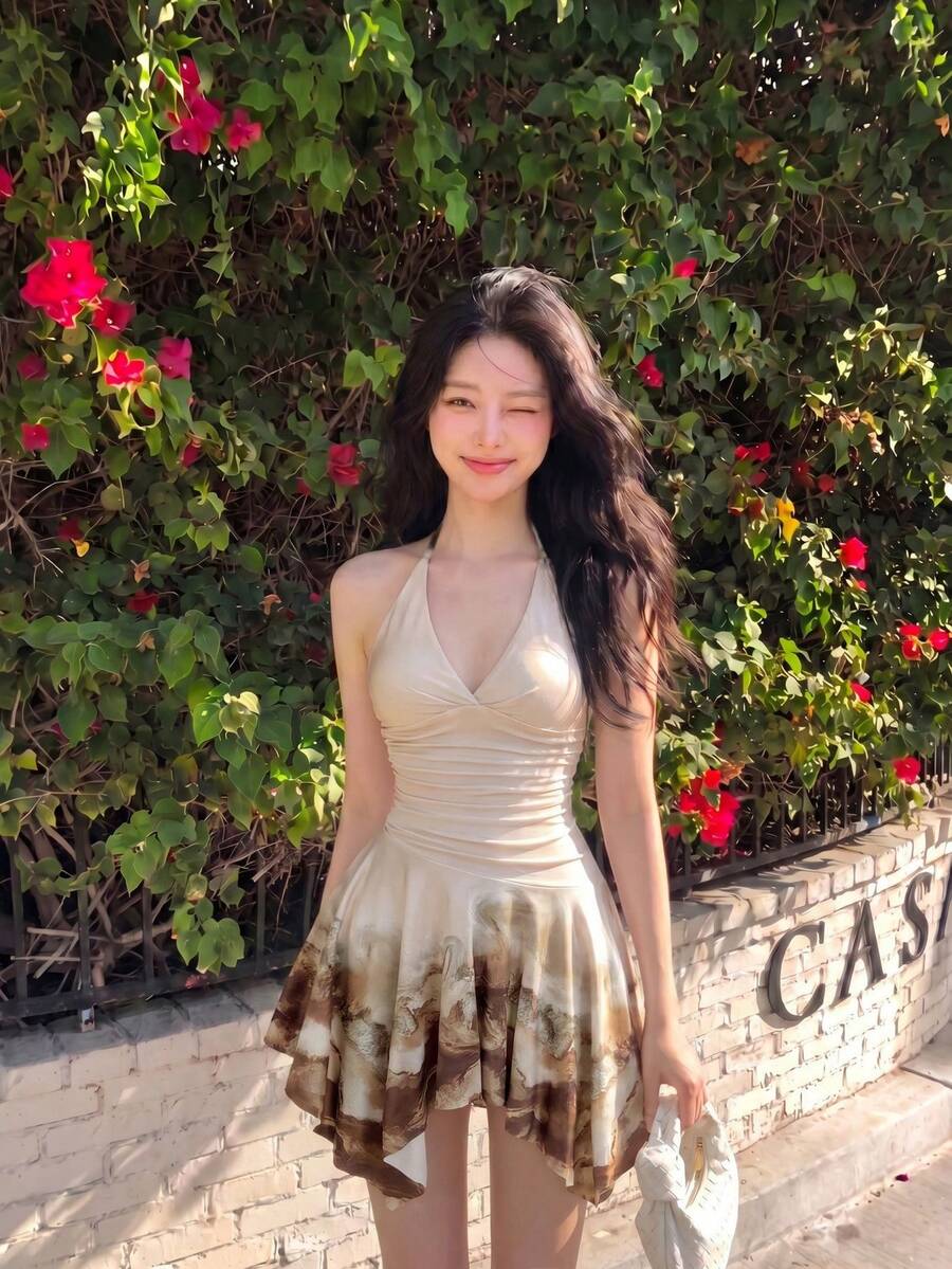 Skyraze Women's Floral Print Asymmetric Ruffle Hem Halter Mini Dress,All Shades Of Brown,Summer,Cottage Core,Date,Spaghetti Strap Marble Print Party Dresses