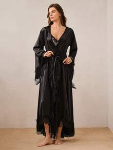 Hourtrue 1 buah Jubah Panjang Satin Elegan Wanita, Lembut Seperti Sutra, Leher V Seksi, Warna Polos, Ringan, Pakaian Tidur, Jubah Mandi, Jubah Pengantin - Hitam - View 3