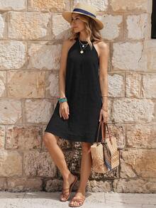 EMERY ROSE Sleeveless Solid Color Casual Halter Dress, Fashionable For Everyday Wear - Black - View 3