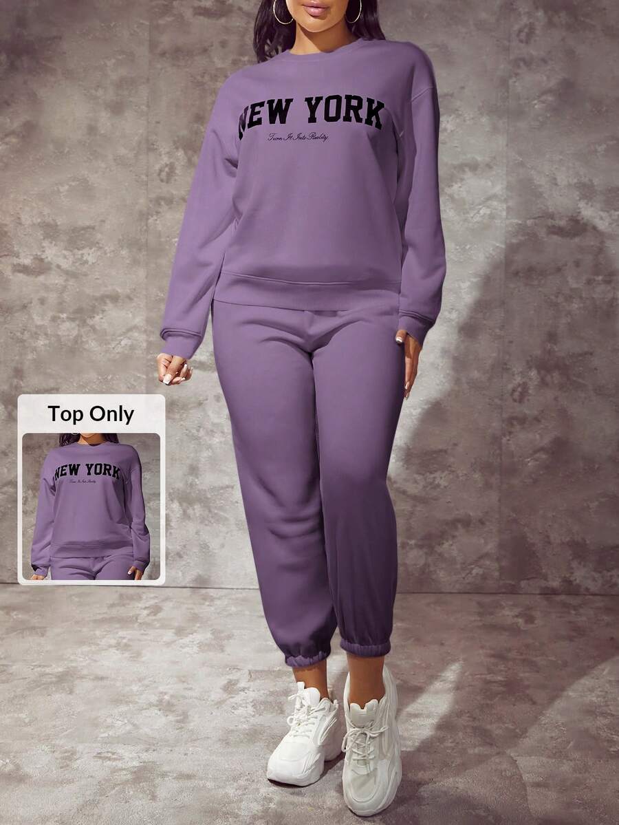 SHEIN SXY Sudadera con gráfico de letras y hombros caídos, tops de manga larga para otoño/invierno - Morado - Ver 1