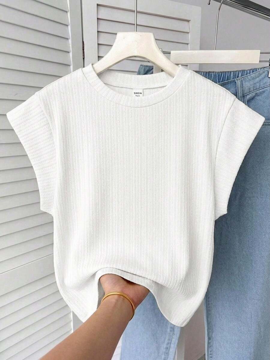 SHEIN 青少年女孩休閒日常百搭舒適提花布圓領短袖上衣 - 白色 - 查看 1