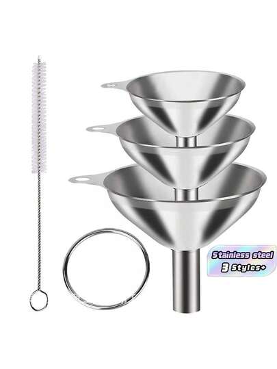 3 Sizes Stainless Steel Funnel Set With Filter Strainer & Cleaning Brush, Detachable Hanging Metal Funnels, Multi-Purpose Transfer Tool For Liquid Powder Oil Spice Wine, Easy Clean Kitchen Canning Bottling Accessory