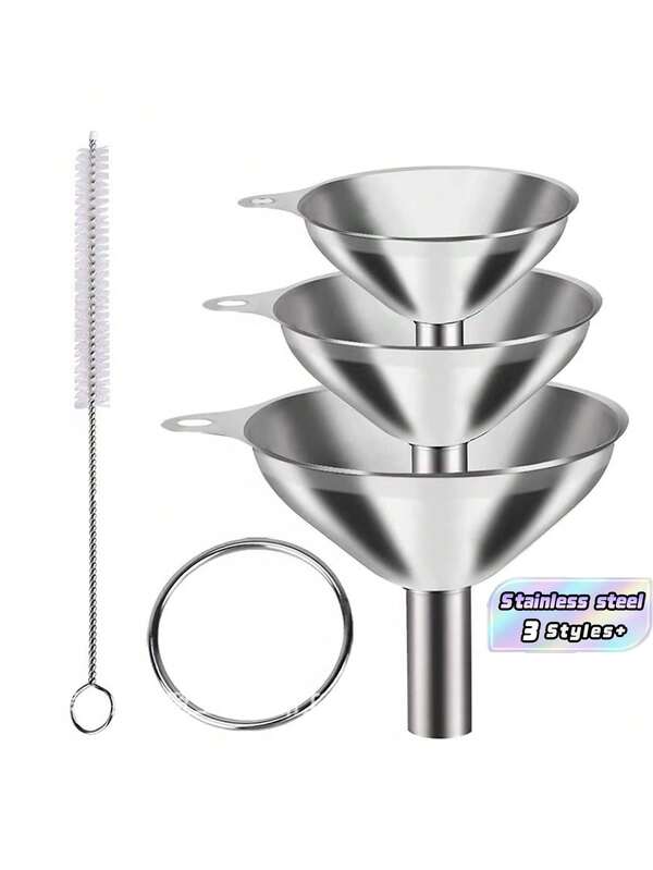 3 Sizes Stainless Steel Funnel Set With Filter Strainer & Cleaning Brush, Detachable Hanging Metal Funnels, Multi-Purpose Transfer Tool For Liquid Powder Oil Spice Wine, Easy Clean Kitchen Canning Bottling Accessory