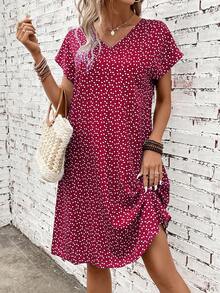 EMERY ROSE Heart Print Batwing Sleeve Dress - Red - View 7