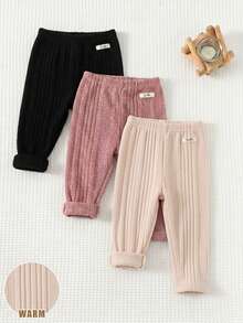 SHEIN 女嬰可愛休閒百搭極簡純色鬆緊腰長褲三件套 - 彩色 - 查看 2