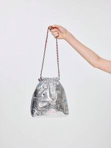 ROMWE Kawaii Bolso de hombro moda plata con diseño de diamante de imitación con diseño de cordón - Plateado - Ver 4