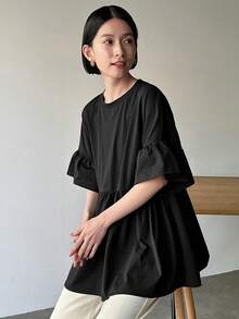 FRIFUL Women Fashion Summer Basic Short Sleeve T-Shirt,Ruffle - Black - View 5