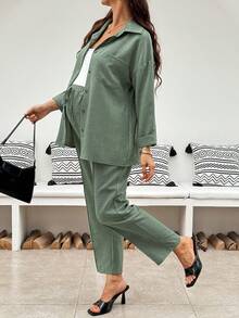 SHEIN Maternity Solid Color Single-Breasted Long Sleeve Top And Adjustable Waist Long Pants Casual Daily 2 Pieces Set Fall - Green - View 5